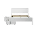 White wooden bed frame with slatted mattress support and pull-out under-bed storage drawers on casters, modern bedroom furniture