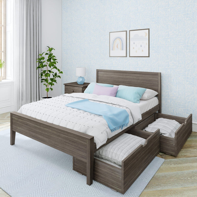 Modern gray wood platform bed with built-in under-bed storage drawers, pastel blue and lavender bedding, nightstand with lamp, potted plant and light blue patterned wallpaper in a bright bedroom