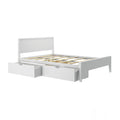 Modern white platform bed frame with headboard, wooden slat support and two under-bed storage drawers for bedroom organization