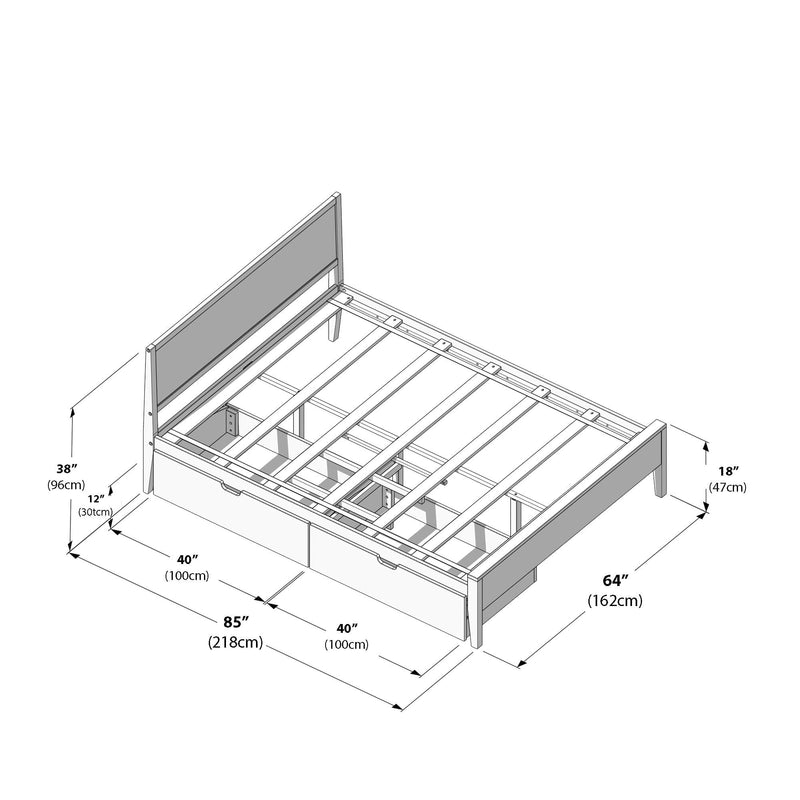 Diagram of wooden platform bed frame with headboard, slatted mattress support and built-in underbed storage drawers, annotated with dimensions in inches and centimeters