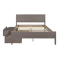 Grey wooden platform bed frame with headboard and built-in under-bed storage drawers, slatted mattress support, modern bedroom furniture