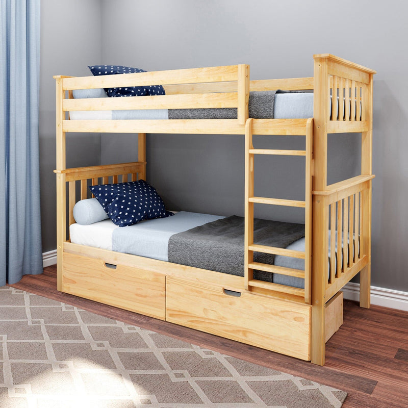 Natural-finish solid wood twin-over-twin bunk bed with ladder and under-bed storage drawers in gray and blue kids' bedroom