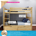 Solid New Zealand pine loft bunk bed with ladder and guardrails, twin-size mattresses, built-in underbed storage drawers, non-slip grooved ladder steps and countersunk color-matched hardware