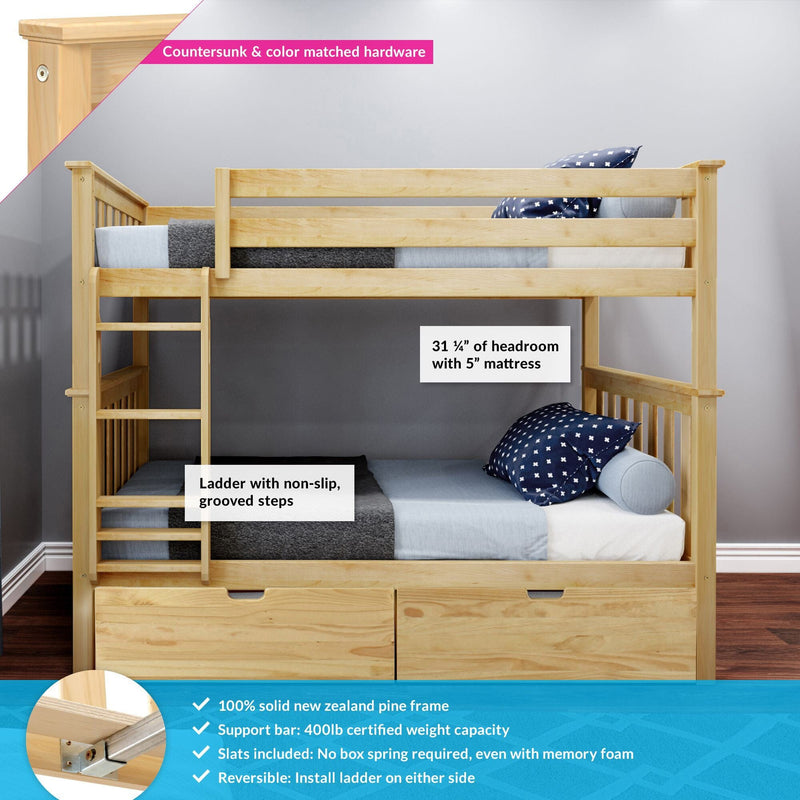 Solid New Zealand pine loft bunk bed with ladder and guardrails, twin-size mattresses, built-in underbed storage drawers, non-slip grooved ladder steps and countersunk color-matched hardware