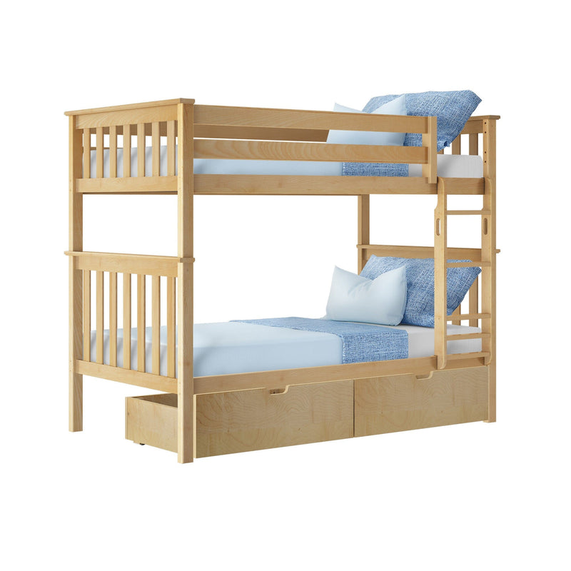 Twin-over-twin natural wood bunk bed with ladder, built-in under-bed storage drawers and blue bedding