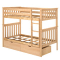 Natural light wood twin-over-twin loft bed with ladder, slatted guardrails and built-in under-bed storage drawers, solid wood frame