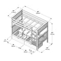Twin-over-full wooden bunk bed dimensions diagram showing measurements in inches and centimeters, slatted mattress supports, side ladder, safety guardrails and under-bed storage drawers