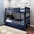 Navy blue wooden bunk bed with ladder and under-bed drawers in modern kids' bedroom with airplane wall art, light blue curtains, and plush rug
