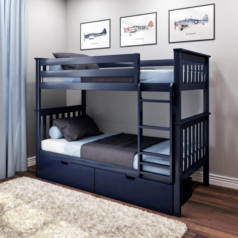 Navy blue wooden bunk bed with ladder and under-bed drawers in modern kids' bedroom with airplane wall art, light blue curtains, and plush rug
