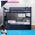 Navy blue solid New Zealand pine twin bunk bed with ladder and under-bed storage drawers, non-slip grooved steps, countersunk color-matched hardware, 31 1/4" headroom with 5" mattress, 400 lb support bar