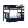 Navy blue wooden twin-over-twin bunk bed with ladder and pull-out storage drawers, white mattresses and gray bedding, modern kids loft bed