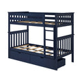 Navy blue wooden bunk bed with ladder, slatted mattress platforms and built-in under-bed storage drawers