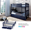 Navy blue solid wood twin-over-twin bunk bed with under-bed storage drawers, convertible to two freestanding beds for a kids' bedroom