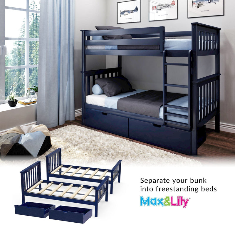 Navy blue solid wood twin-over-twin bunk bed with under-bed storage drawers, convertible to two freestanding beds for a kids' bedroom