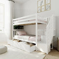 White wooden bunk bed with built-in storage drawers and staircase in bright modern kids' bedroom with neutral decor, pink bedding and framed animal prints