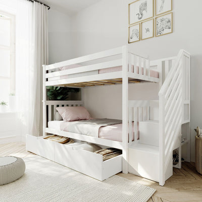 White wooden bunk bed with built-in storage drawers and staircase in bright modern kids' bedroom with neutral decor, pink bedding and framed animal prints