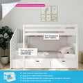 White wooden children's bunk bed with staircase storage and under-bed drawers, pink bedding, framed animal wall art