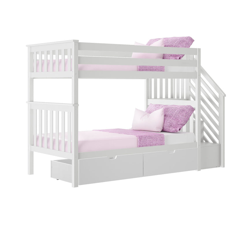 White wooden twin-over-twin bunk bed with built-in storage drawers, side stairs and pink bedding, modern kids loft bed