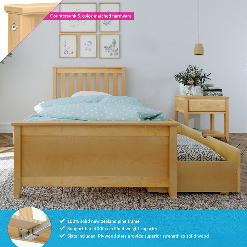 Solid New Zealand pine single bed with pull-out trundle storage, light blue polka-dot bedding, matching nightstand and botanical wall art
