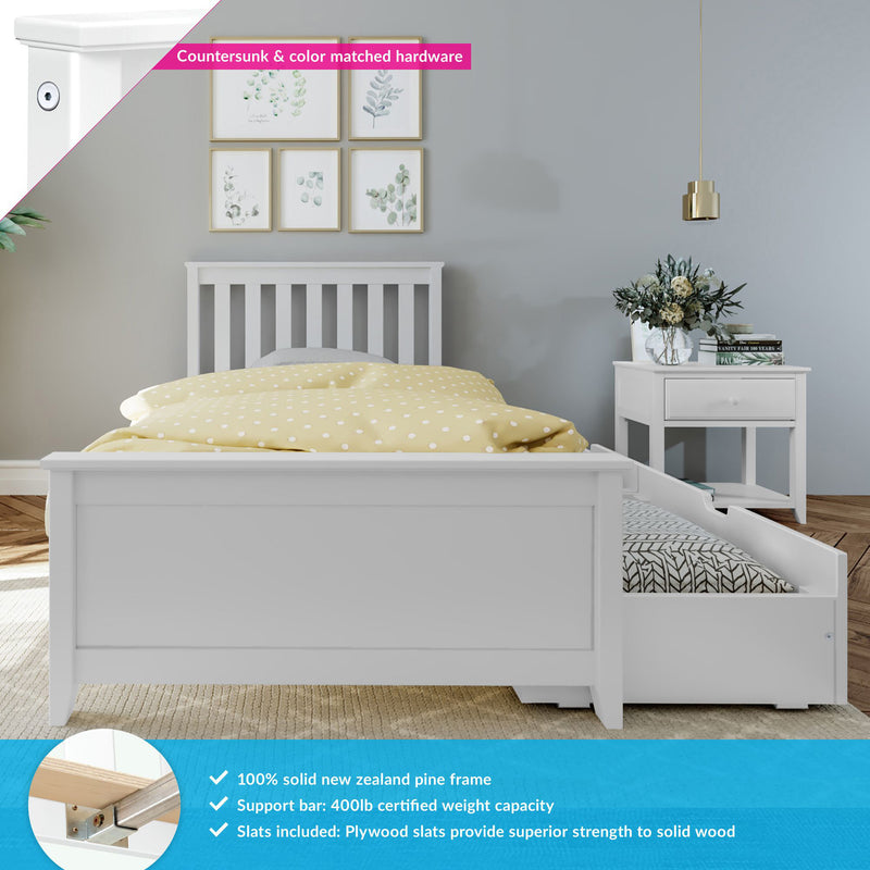 White wooden kids bed with pull-out trundle, yellow polka-dot duvet, white bedside table with vase, gold pendant light and framed botanical prints on gray wall