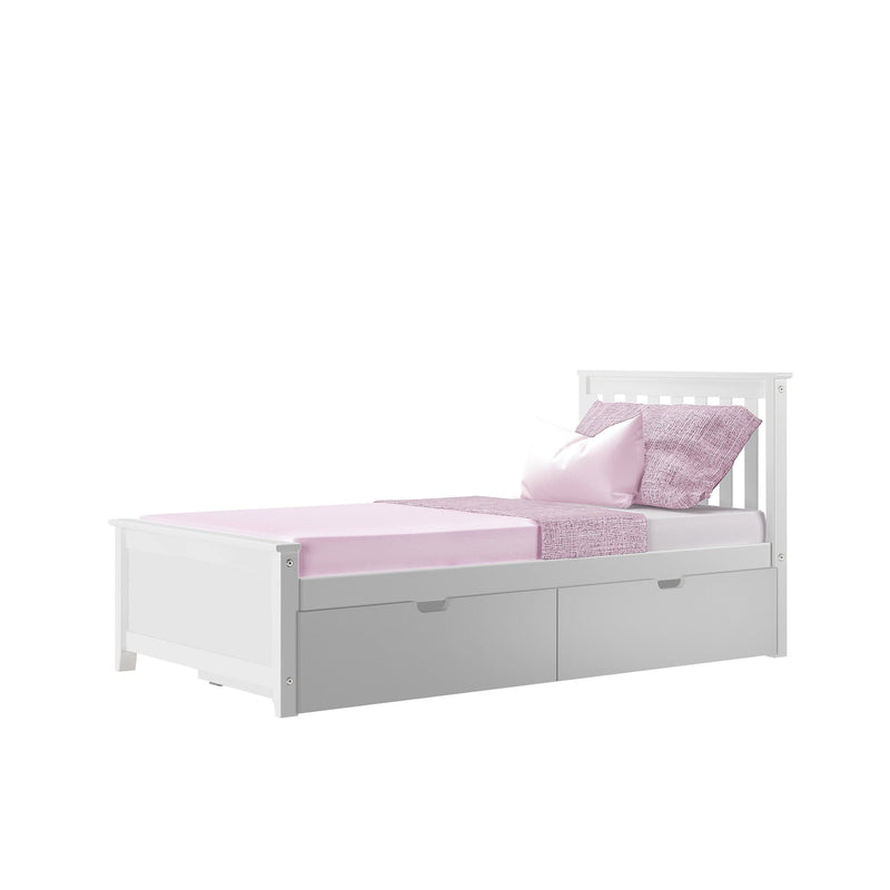 White wooden twin bed with pink sheets, pillow and textured throw and built-in underbed storage drawers, product photo on white background