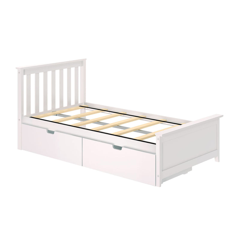 White wooden platform bed frame with slatted support and under-bed storage drawers, modern bedroom furniture