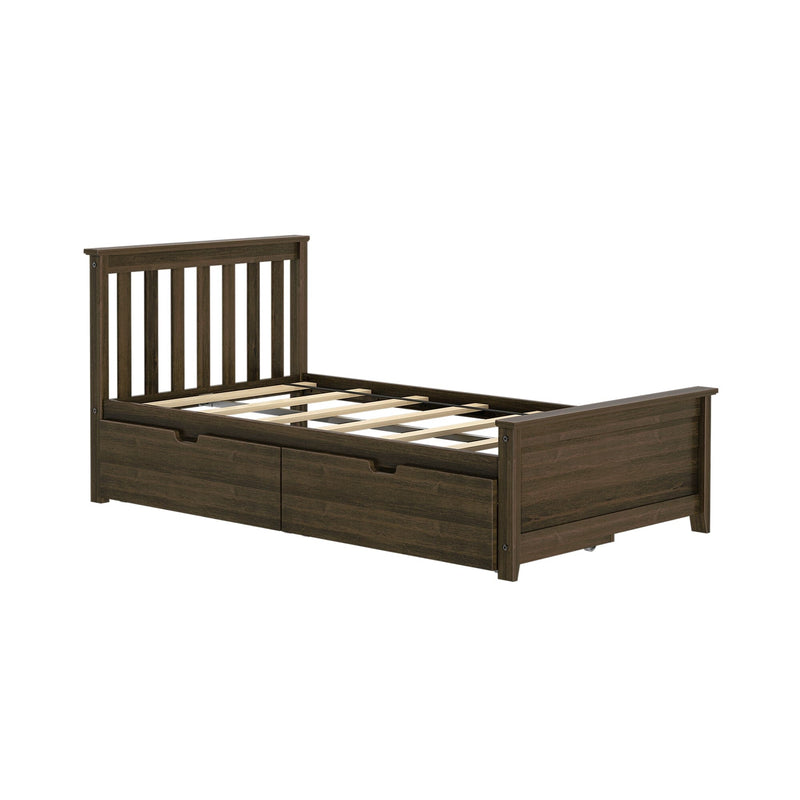 Dark brown wooden platform bed frame with slatted headboard, visible wooden slats and two under-bed storage drawers, modern storage bed shown without mattress