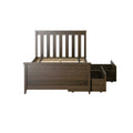 Dark brown wooden platform bed frame with vertical slatted headboard, exposed mattress slats and pull-out underbed storage drawers on casters, photographed on white background