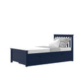 Navy blue wooden twin storage bed with slatted headboard, under-bed drawers, white bedding and gray throw — platform bed for kids or guest room