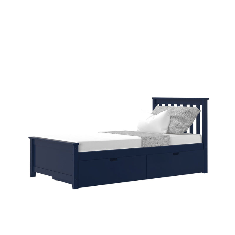 Navy blue wooden twin storage bed with slatted headboard, under-bed drawers, white bedding and gray throw — platform bed for kids or guest room