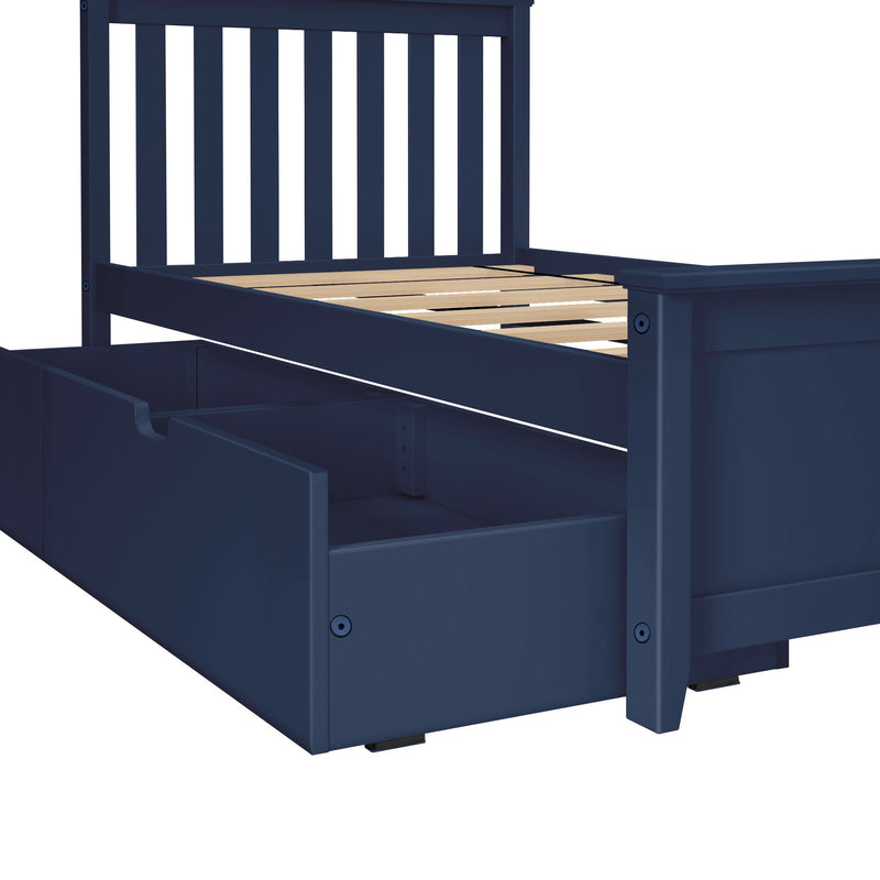 Close-up of navy blue wooden platform bed frame with vertical slatted headboard, exposed wooden mattress slats and built-in underbed storage drawers