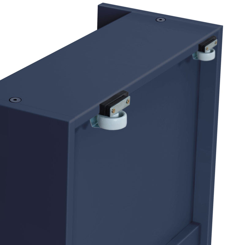 Close-up of navy blue storage cabinet top corner showing metal mounting brackets and white caster wheels, durable furniture hardware