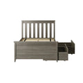 Gray wooden platform bed with slatted headboard and built-in under-bed storage drawers