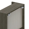 Close-up of gray wood cabinet top with metal mounting brackets and white nylon rollers for sliding door hardware