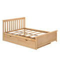Light natural wood platform bed frame with vertical slatted headboard, slatted support rails and built-in under-bed storage drawers
