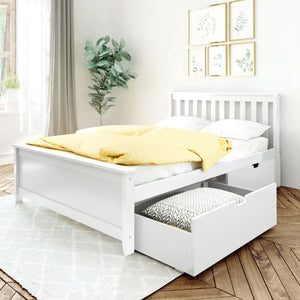 Minimal white storage bed with pull-out drawer and yellow polka-dot duvet in bright modern bedroom with plant and botanical wall art