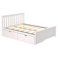 White wooden platform bed frame with slatted headboard, wooden slat mattress support and two under-bed storage drawers — modern farmhouse bedroom furniture
