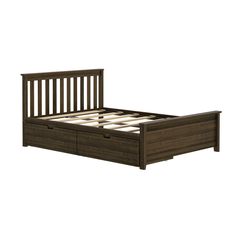 Dark brown wooden platform bed frame with vertical slatted headboard and built-in under-bed storage drawers