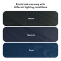 Wood finish samples: three rounded dark wood swatches labeled Warm, Neutral, Cool showing how finish appearance and wood grain vary under different lighting conditions