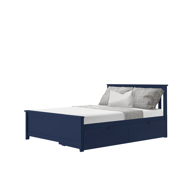 Navy blue wooden twin-size storage bed with under-bed drawers, gray textured bedding and white accent pillow, modern bedroom furniture