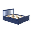 Navy blue wooden platform bed frame with slatted headboard, exposed wooden slats and built-in under-bed storage drawers