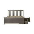 Gray wood platform bed with slatted headboard, wooden slats and built-in under-bed storage drawers