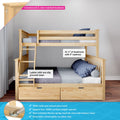 Solid New Zealand pine twin-over-twin bunk bed with non-slip ladder, safety rails, under-bed storage drawers and gray-blue bedding in a kids' bedroom
