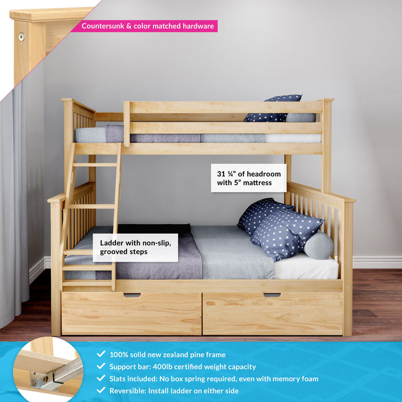 Solid New Zealand pine twin-over-twin bunk bed with non-slip ladder, safety rails, under-bed storage drawers and gray-blue bedding in a kids' bedroom