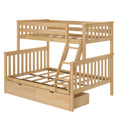 Natural wood loft-style bunk bed with ladder, slatted guardrails and built-in underbed storage drawers