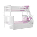 White wooden twin-over-twin bunk bed with ladder and under-bed storage drawers, pink bedding and pillows, modern kids' bedroom furniture
