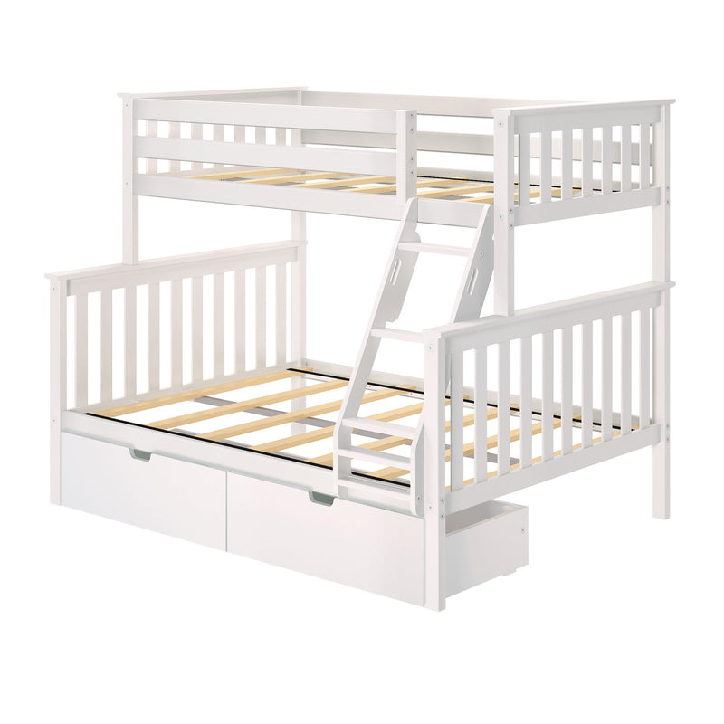 White wooden twin-over-full bunk bed with integrated ladder, slatted mattress supports and under-bed storage drawers