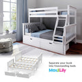 White wooden convertible twin-over-full bunk bed with ladder and under-bed storage drawers, blue-gray bedding in a bright modern kids' bedroom — Max & Lily