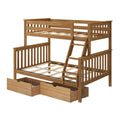 Oak wood bunk bed with ladder and slatted guardrails, twin-over-full loft bed frame in natural finish with two under-bed storage drawers