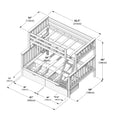 Loft bunk bed assembly diagram with imperial and metric dimensions showing wooden slatted frame, guardrails, ladder and under-bed storage drawers.